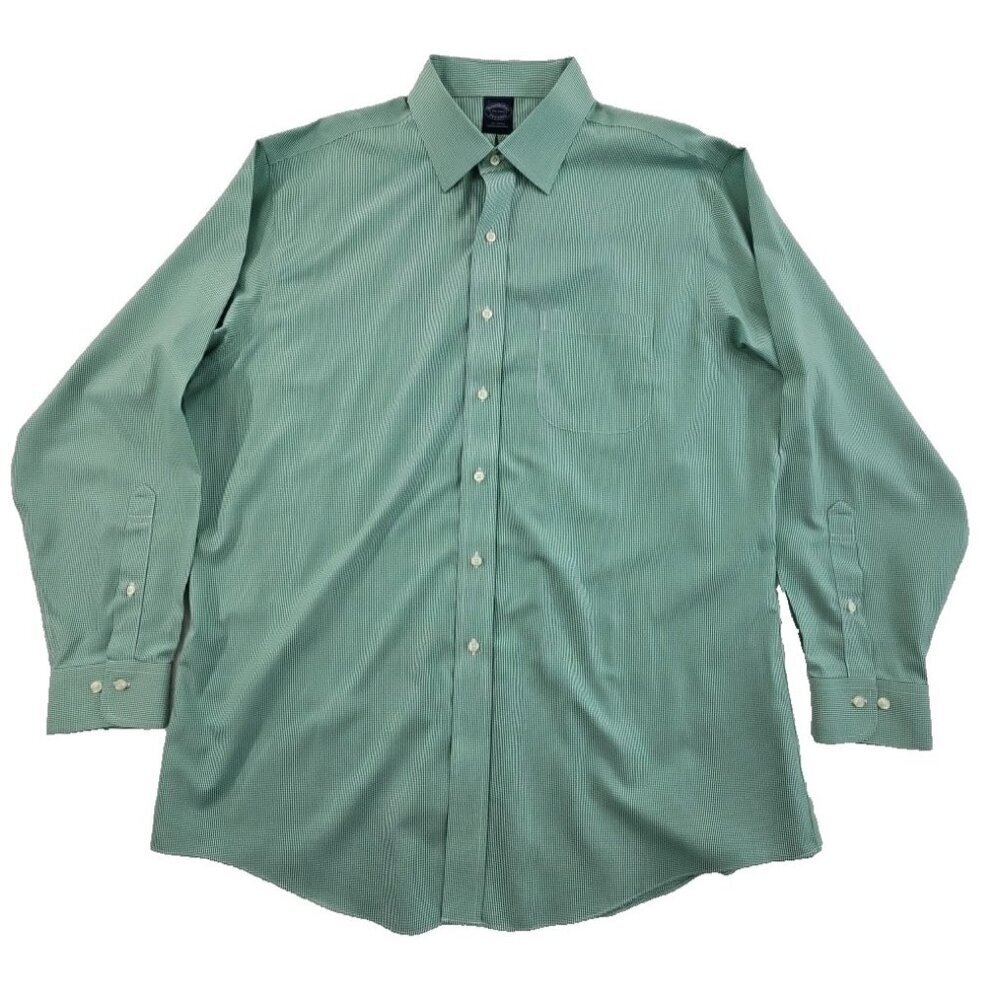 Brooks Brothers Shirt Size 17 1/2 x 34/35 Green Check Spread Collar EUC Non-Iron